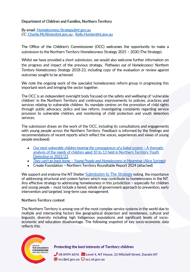 OCC Submission to the NT Homelessness Strategy 2025-30