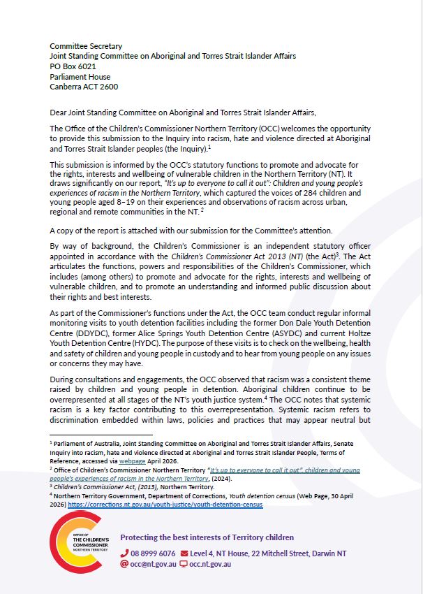 OCC Submission to the Inquiry into racism, hate and violence directed at Aboriginal and Torres Strait Islander peoples