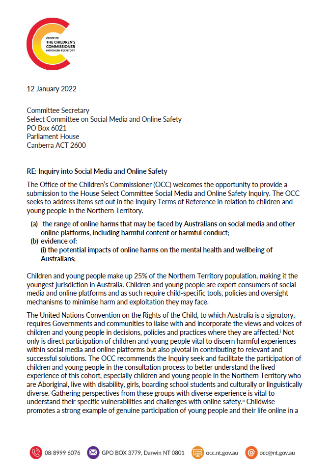OCC Submission to the Senate Inquiry into Social Media and Online Safety