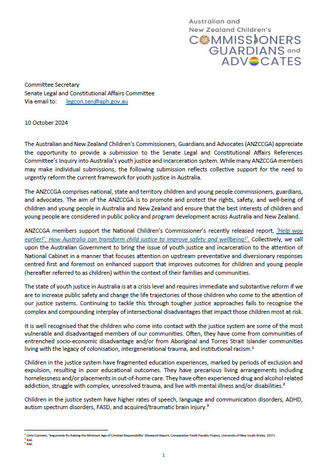 ANZCCGA Submission to the Senate Legal and Constitutional Affairs References Committee’s Inquiry into Australia’s youth justice and incarceration system