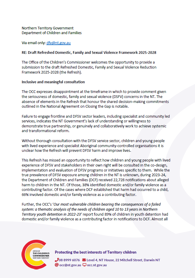 OCC Submission to the draft Refreshed Domestic, Family and Sexual Violence Framework 2025-2028