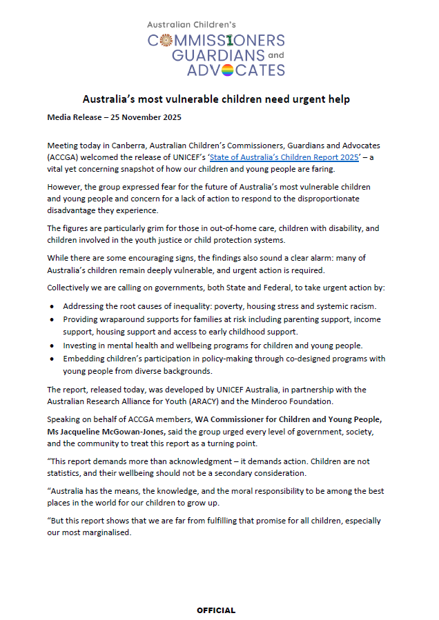 ANZCCGA media release - Australia's most vulnerable children need urgent help