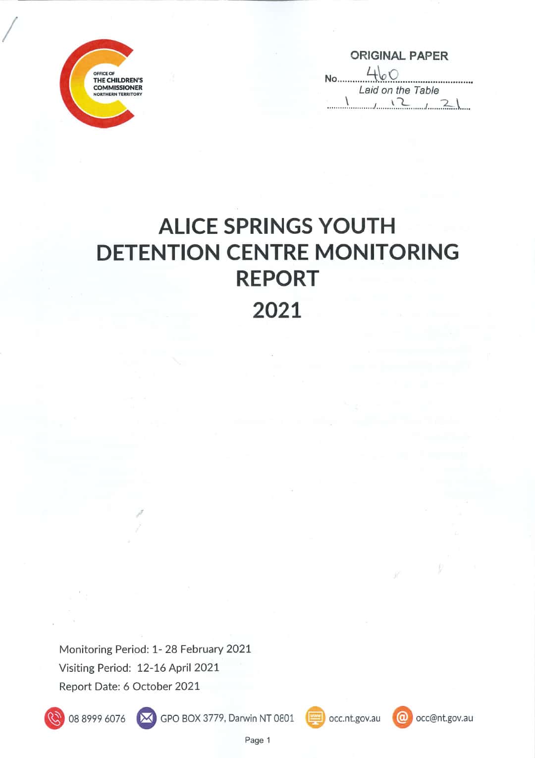 2021 Alice Springs Youth Detention Center - Monitoring Report