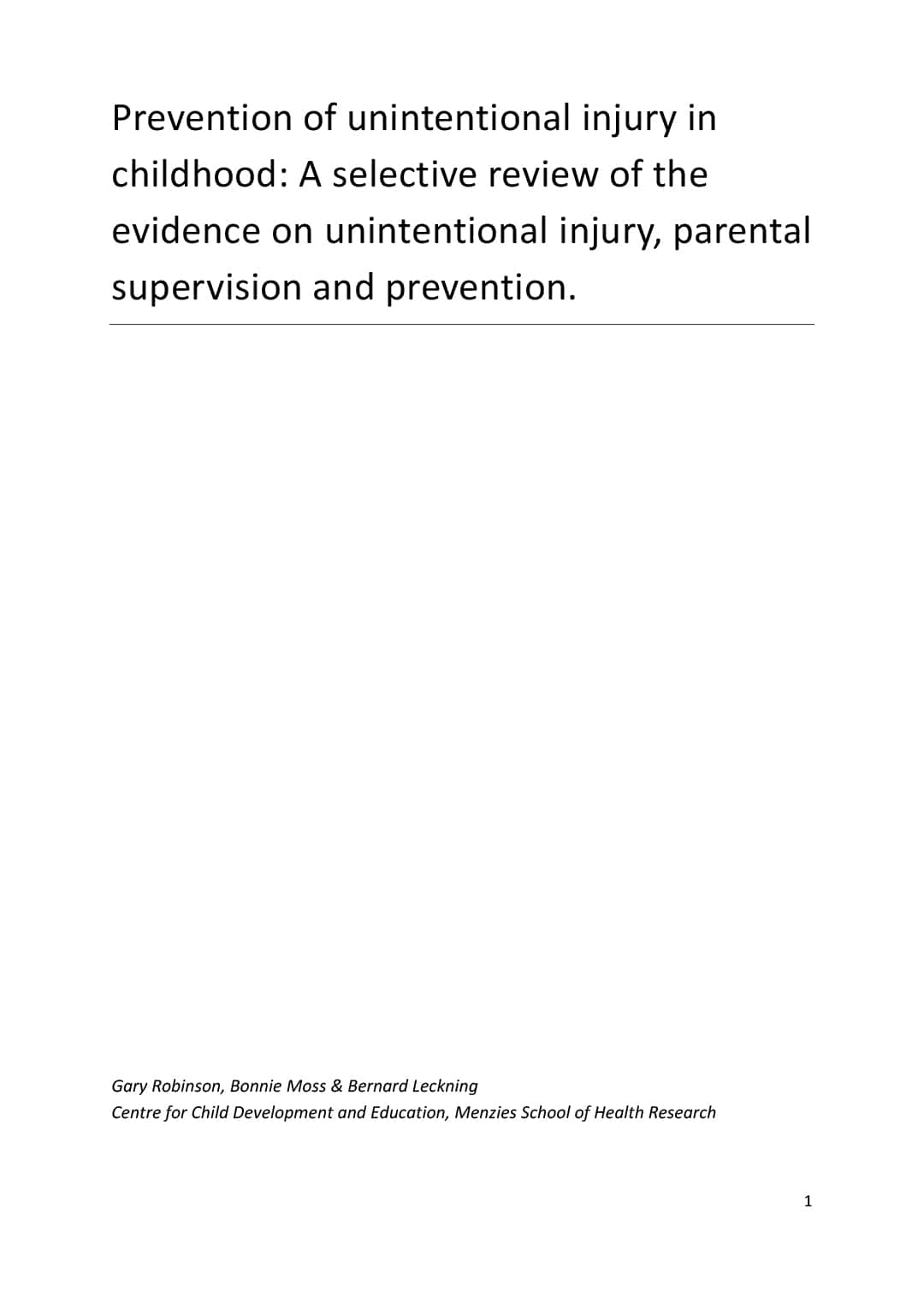 Prevention of Unintentional Injury in Childhood