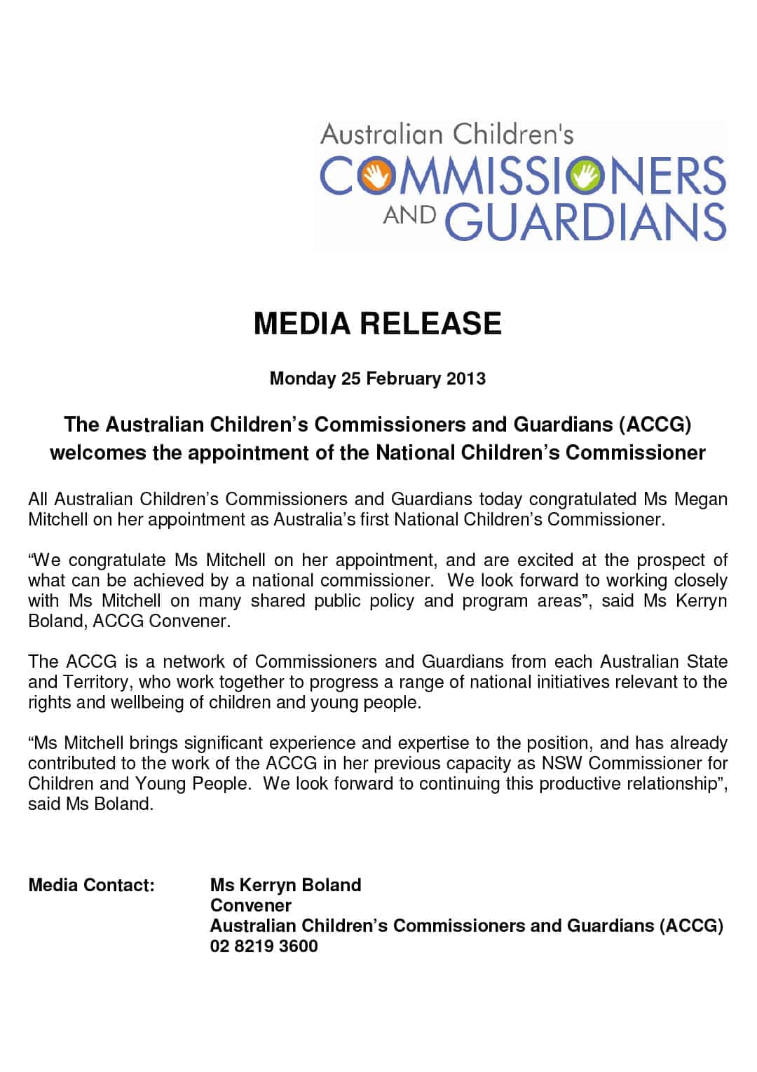 ACCG Media Release – ACCG welcomes the appointment of the National Children's Commissioner