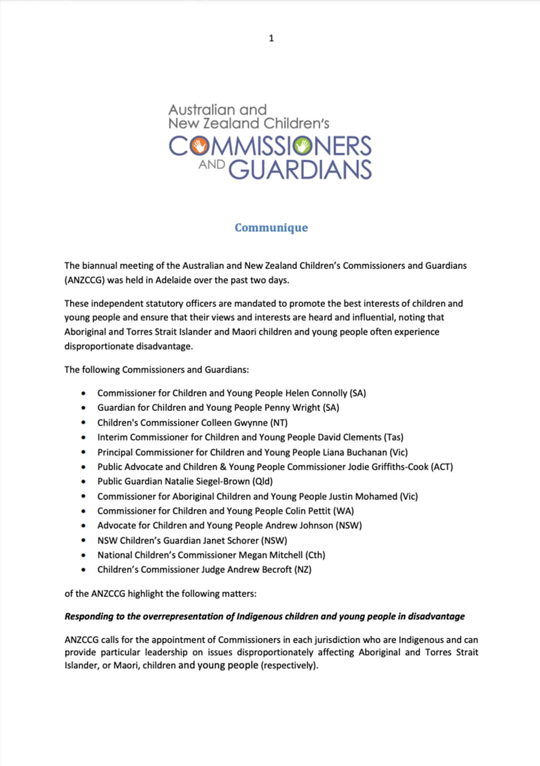 ANZCCG Meeting Communique November 2018